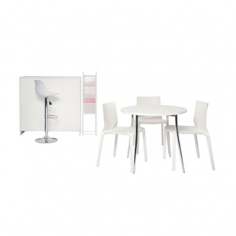 Ensemble After White : 3 chaises Origami + 1 table Brummel + 1 tabouret Coque + 1 comptoir Bergan + 1 présentoir Dupont